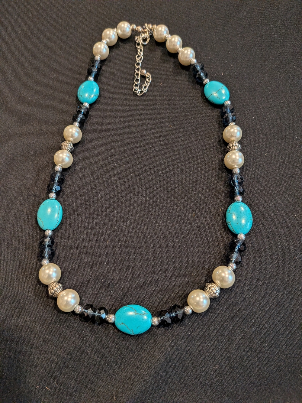 Turquoise Pearl and Black Bead Necklace 9" - Women Jewelry
